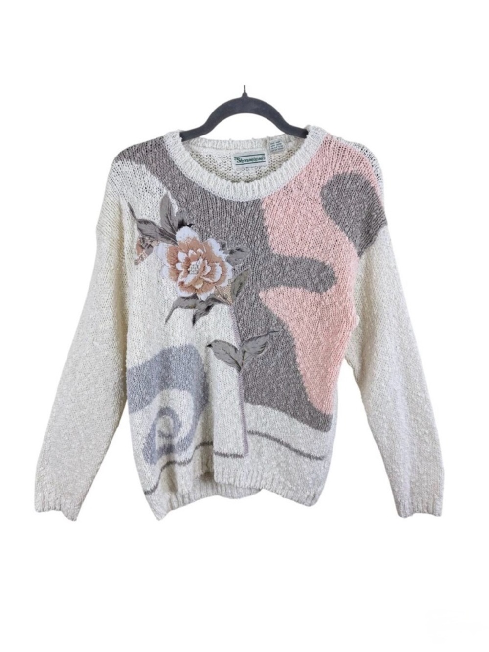 Shenanigans Vintage Floral Applique Beaded Chunky Knit Sweater Size M
